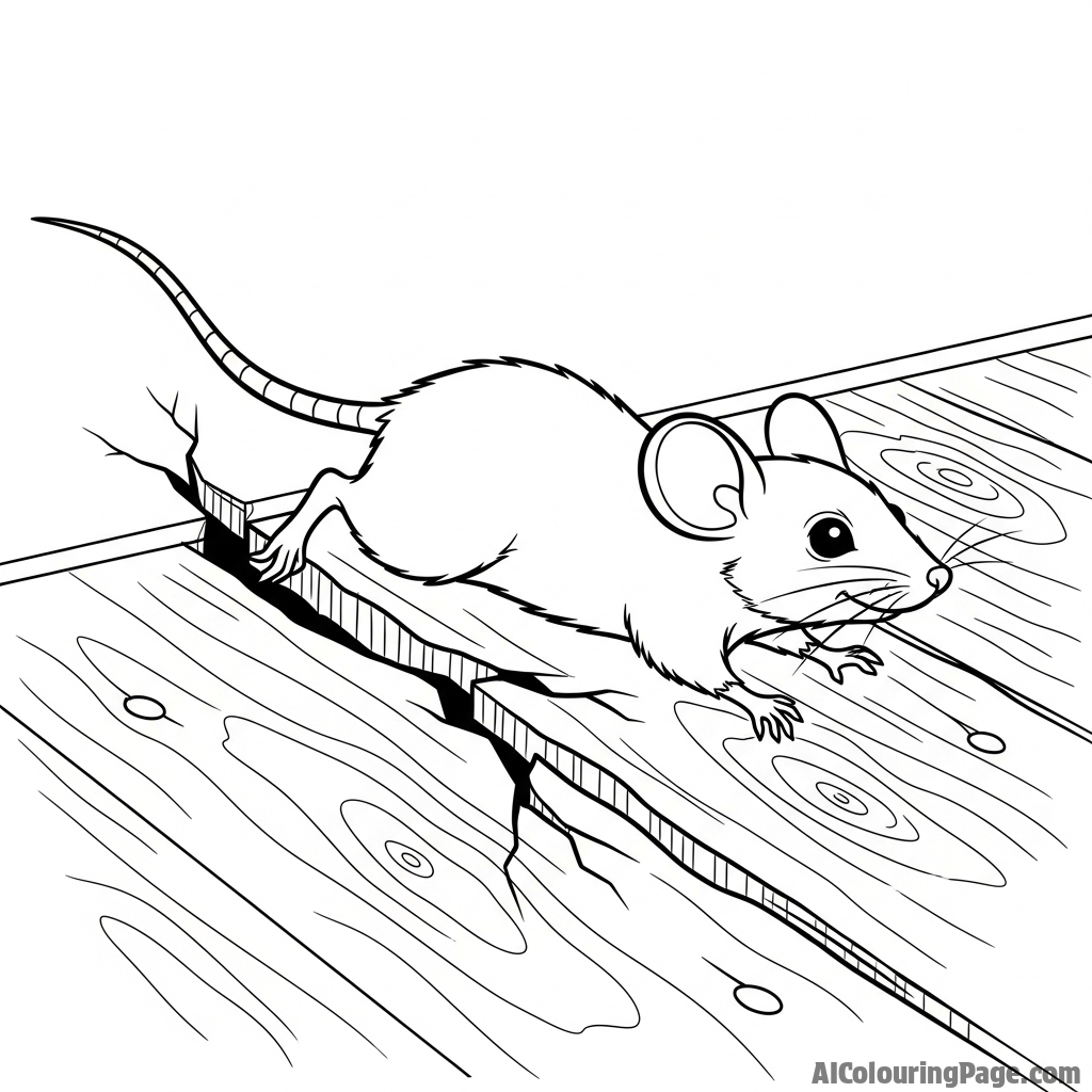 A dramatic scene of a mouse escaping through a narrow crack in a floorboard.