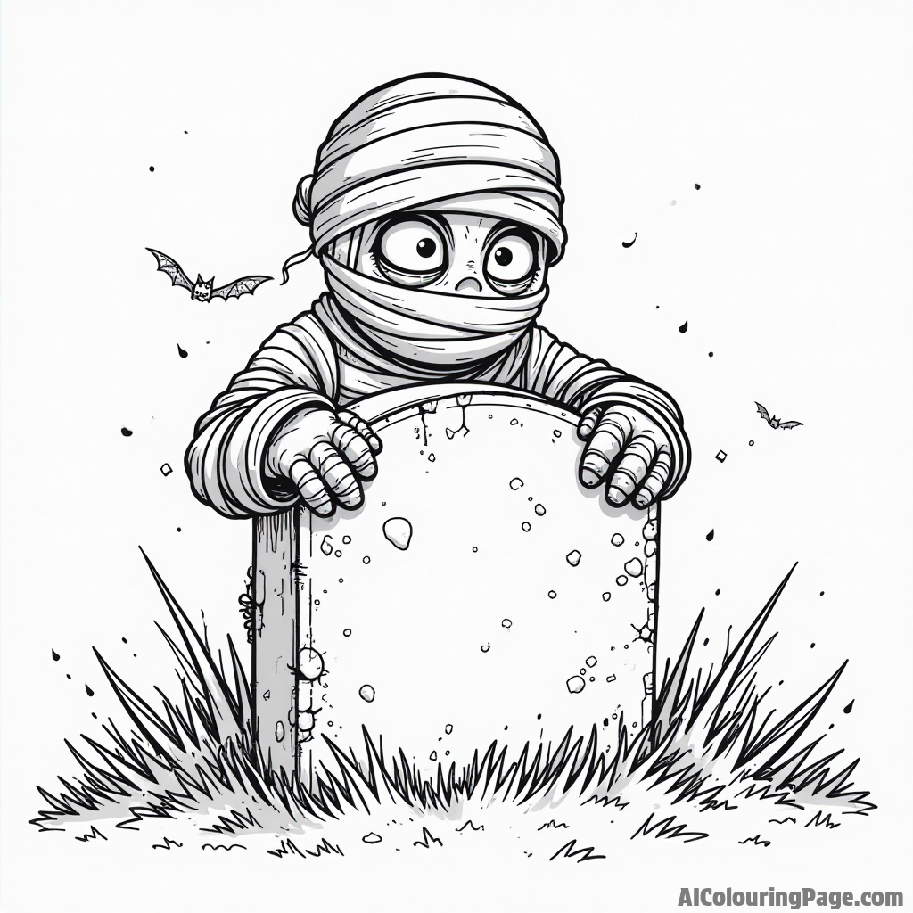 A mummy wrapped in bandages peeking out from behind a tombstone with a spooky fog rolling in.