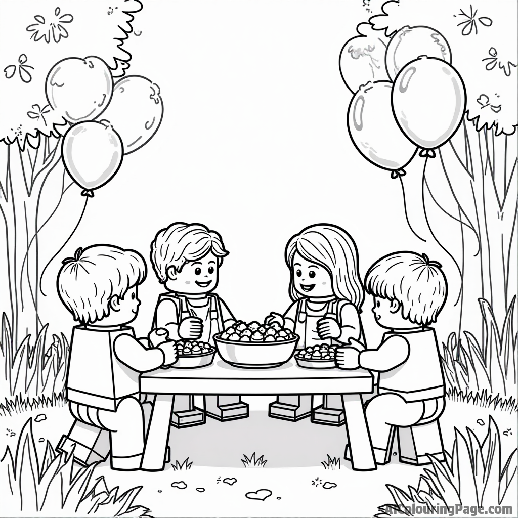 A LEGO garden party with kids playing games, balloons floating, and a picnic table filled with treats and drinks.