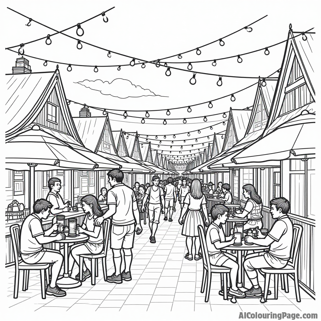 A lively Oktoberfest scene with a bustling beer garden, families enjoying food and drinks, and festive lights illuminating the evening sky, perfect for kids to bring to life with color.