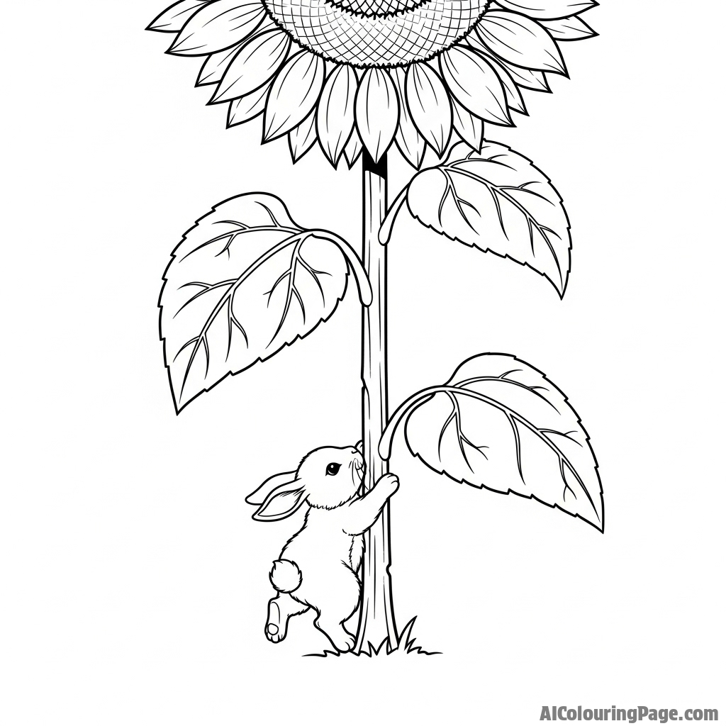 A tiny bunny attempting to climb the stalk of a giant sunflower.