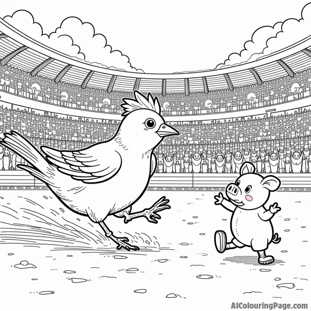 A bird participating in a race with a pig as the referee, surrounded by cheering animals in a colorful stadium