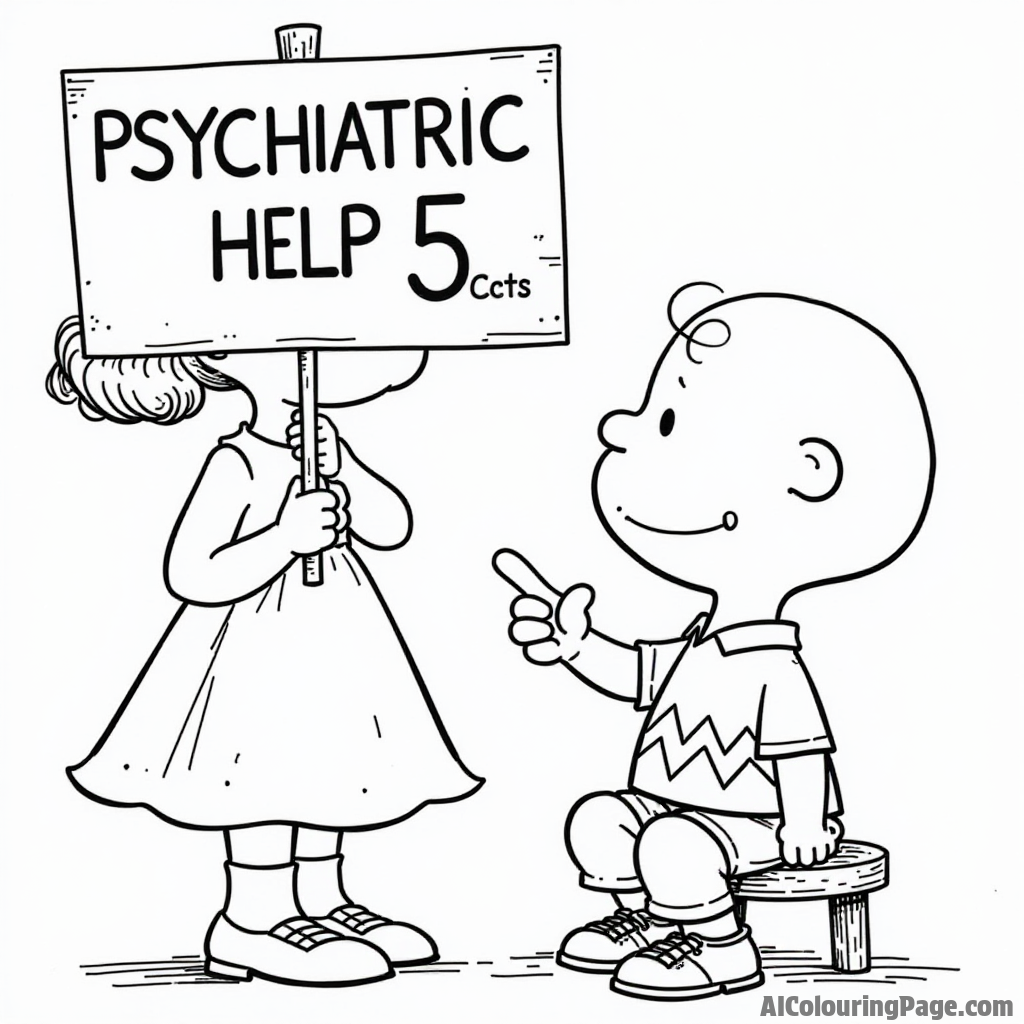 Lucy holding a sign that says "Psychiatric Help 5 Cents" with a thinking Charlie Brown sitting on a stool