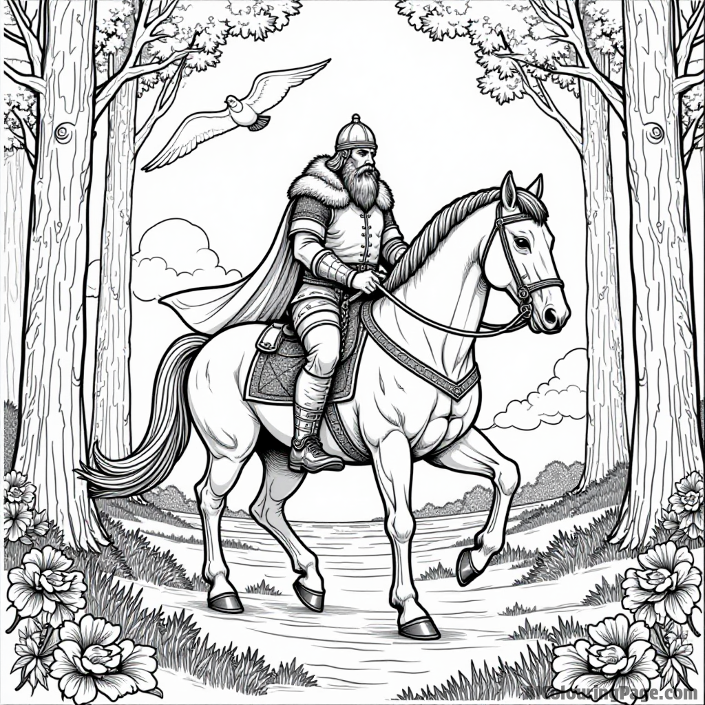 A Viking warrior riding a majestic horse through a forest, with birds flying overhead and flowers blooming, illustrating the harmony between nature and Viking adventures.