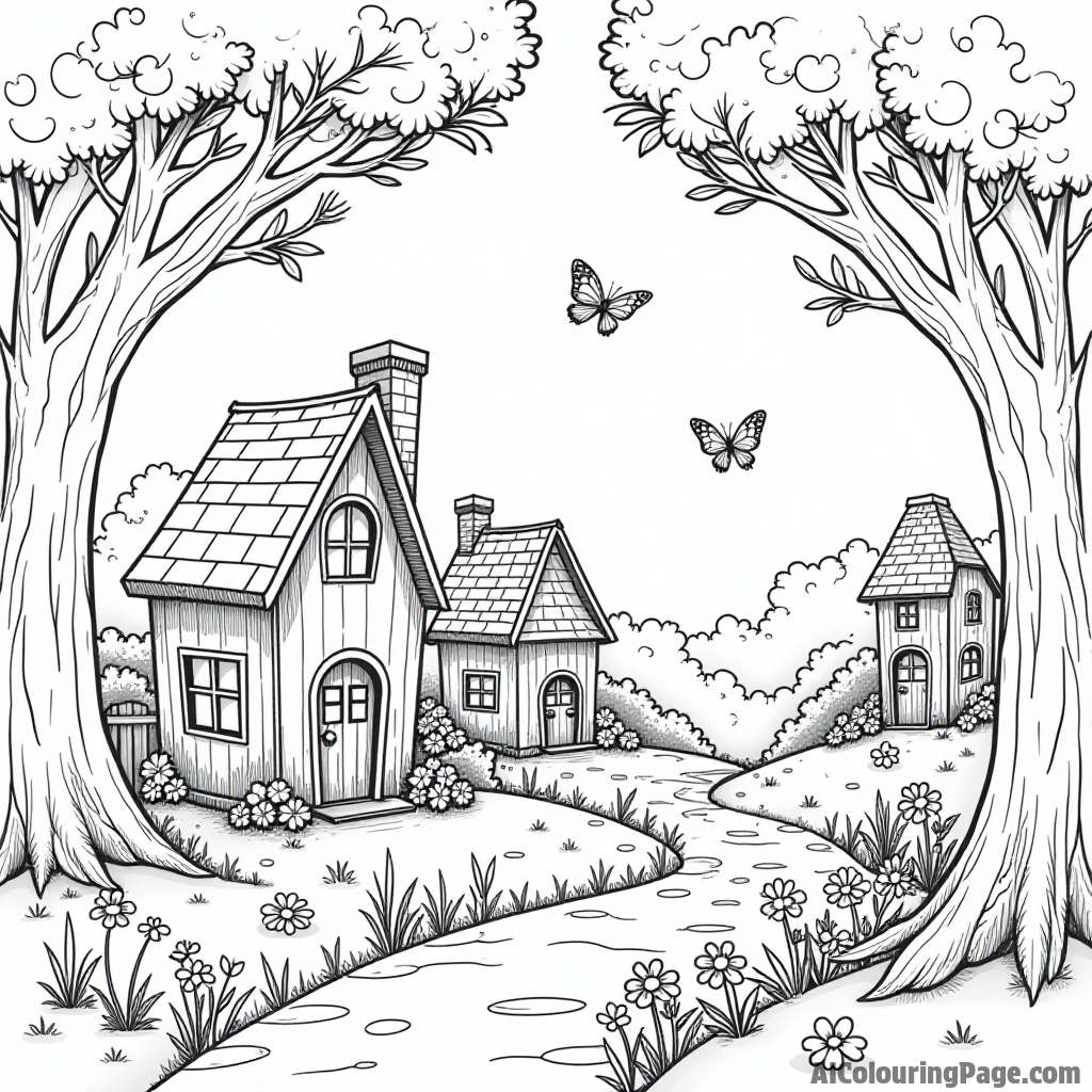 A whimsical fairy village with tiny houses in trees, fairies flying around, and flowers blooming everywhere in the scene