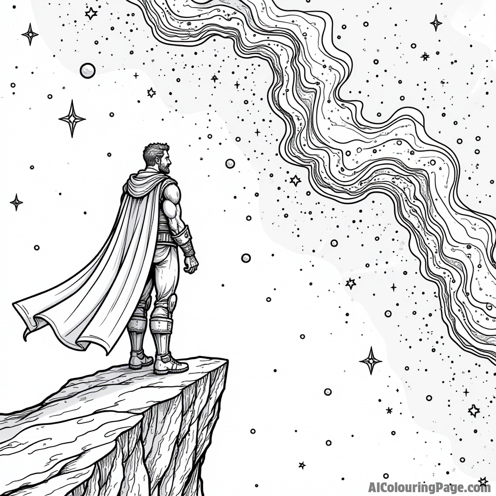 A confident hero standing on a cliff, overlooking a vast galaxy with colorful nebulae and twinkling stars.