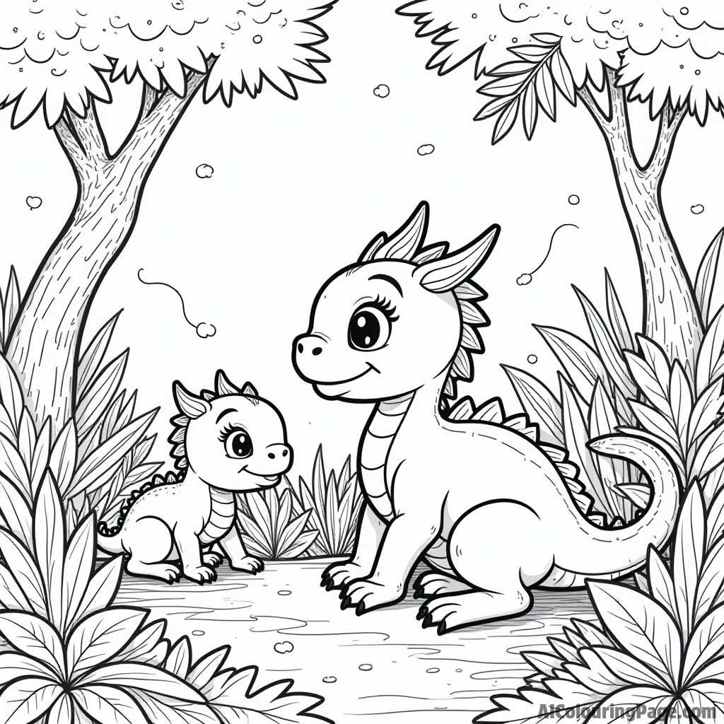 A dragon playing hide and seek with adorable baby animals in a vibrant jungle filled with greenery.