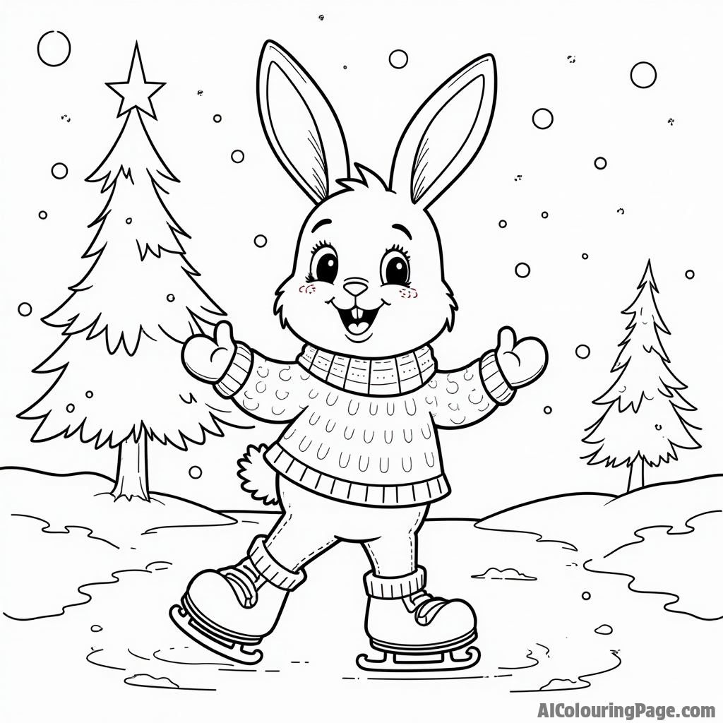 A playful bunny ice skating with a big smile, wearing a knitted sweater, surrounded by swirling snowflakes and a tall evergreen tree, creating a delightful winter activity for children.