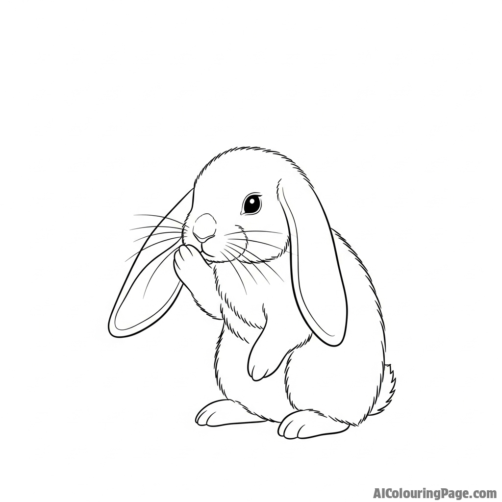 A bunny meticulously grooming its long ear with a paw.