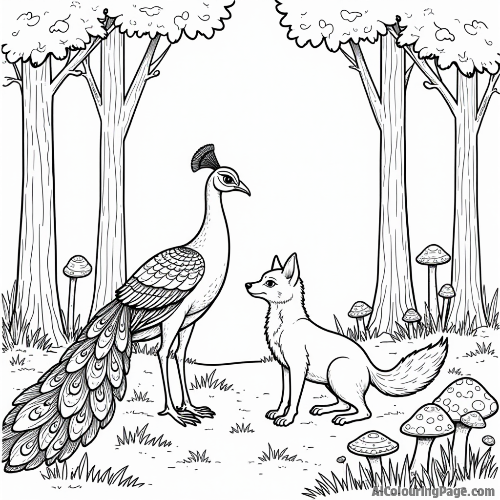 A peacock and a fox playing together in a forest filled with tall trees and colorful mushrooms