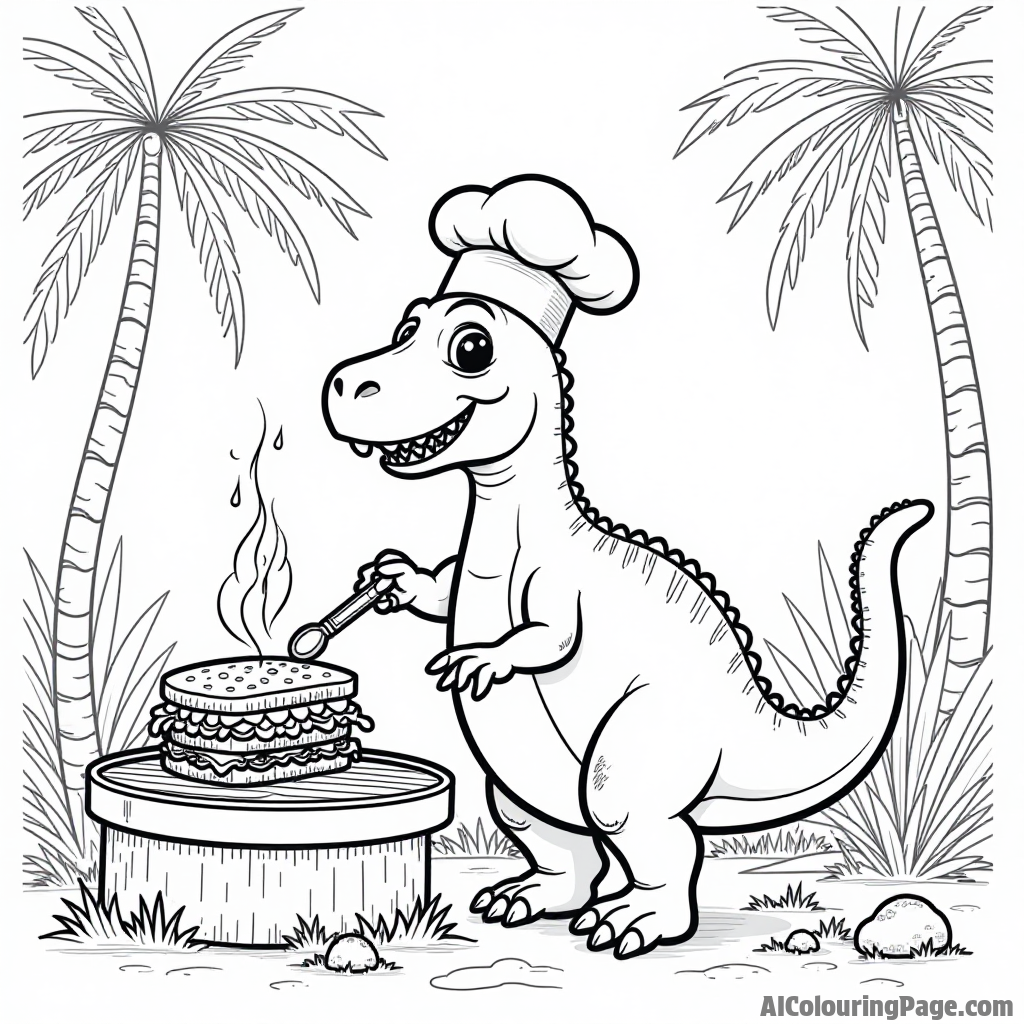 A cute sandwich dinosaur wearing a chef hat, flipping sandwiches on a grill in a prehistoric jungle.