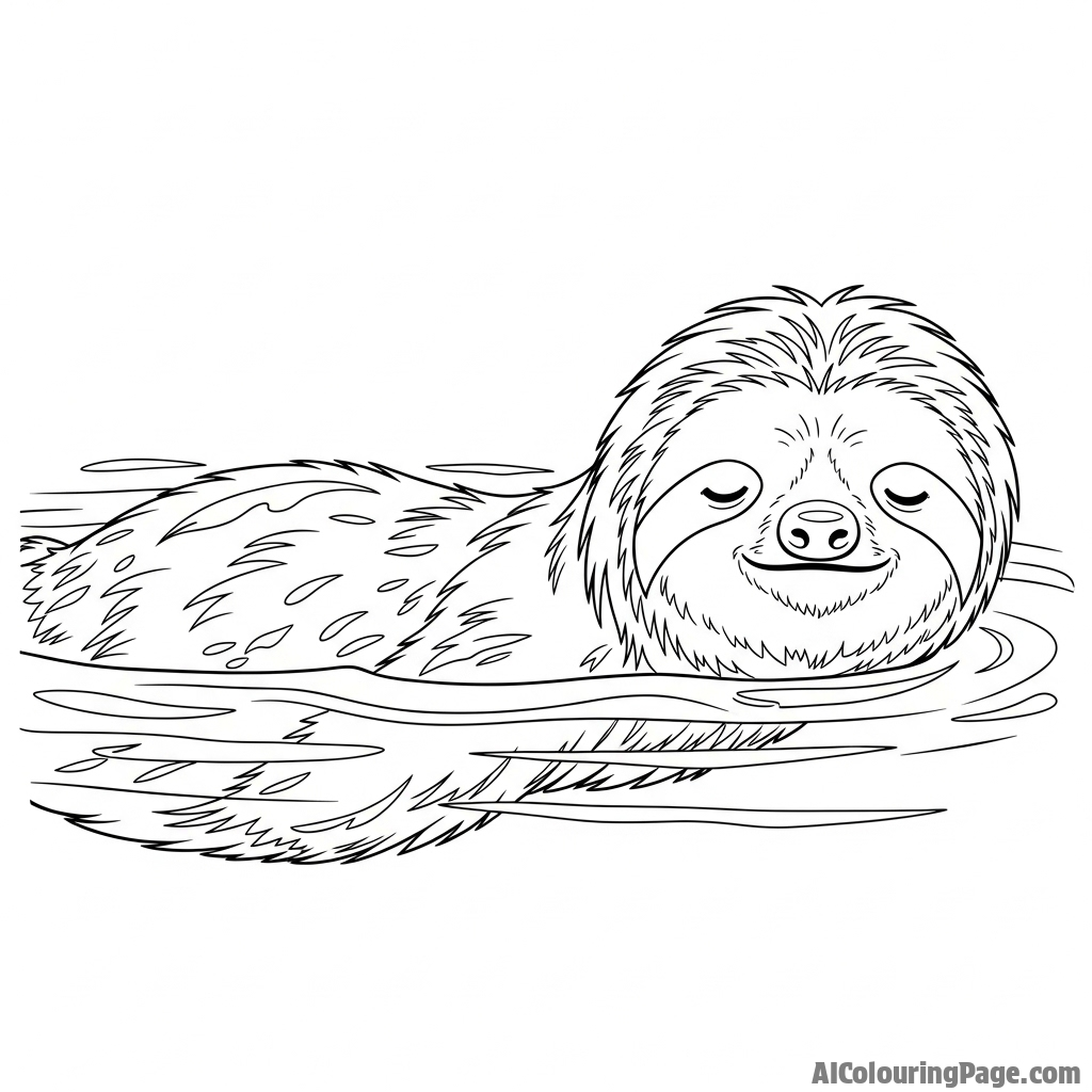 A sloth swimming with a peaceful expression, its fur slicked back by the water.