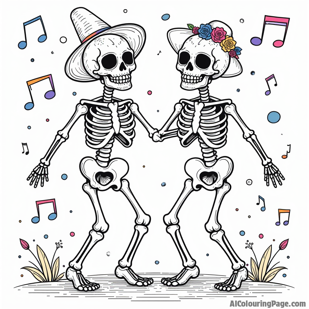 A pair of joyful skeletons dancing together, surrounded by colorful decorations and musical notes, embodying the spirit of celebration during Day of the Dead for a playful coloring activity.