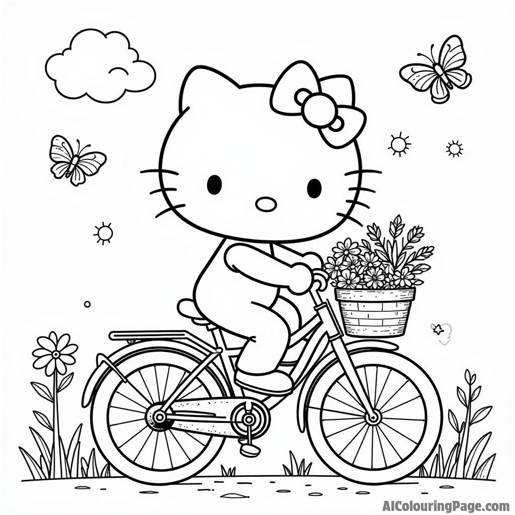 Hello Kitty riding a bicycle on a sunny day with a basket full of flowers and butterflies flying around