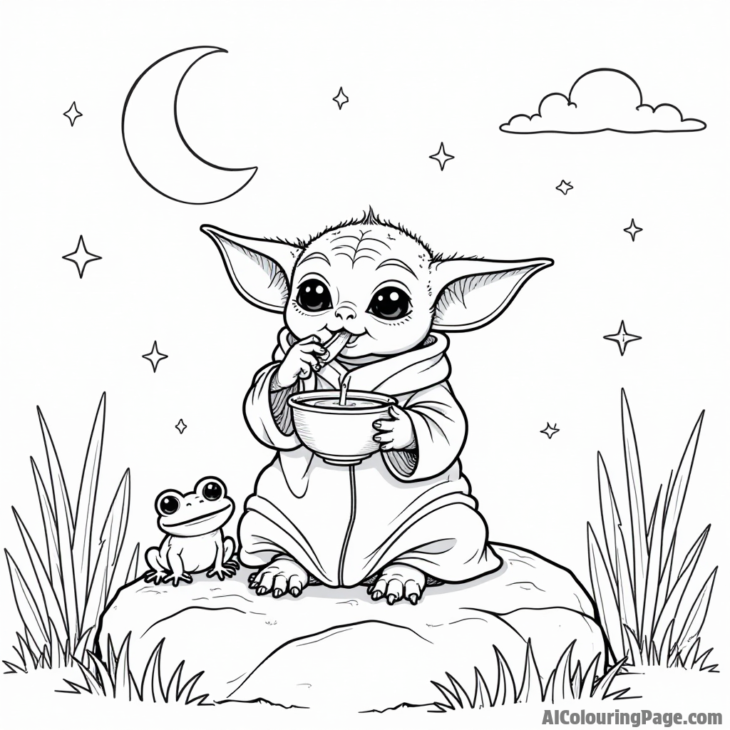 Baby Yoda sipping soup while sitting on a rock under a starry sky with a cute frog nearby