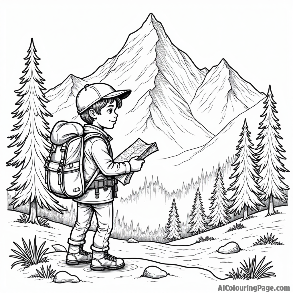 A young explorer with a backpack, looking at a map while standing next to a majestic mountain range, with pine trees surrounding the scene for added detail.