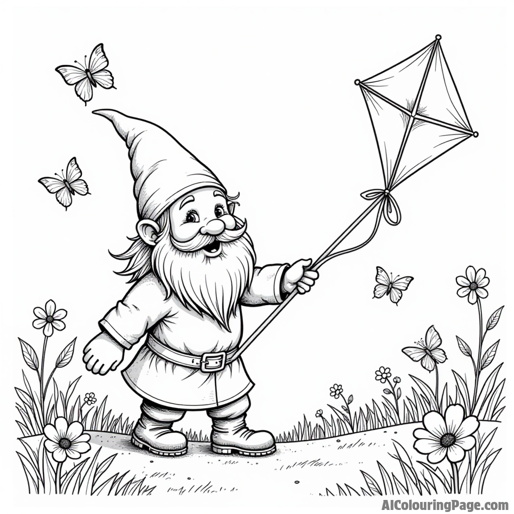 A gnome flying a kite in a sunny meadow with butterflies and flowers dancing in the gentle breeze around.