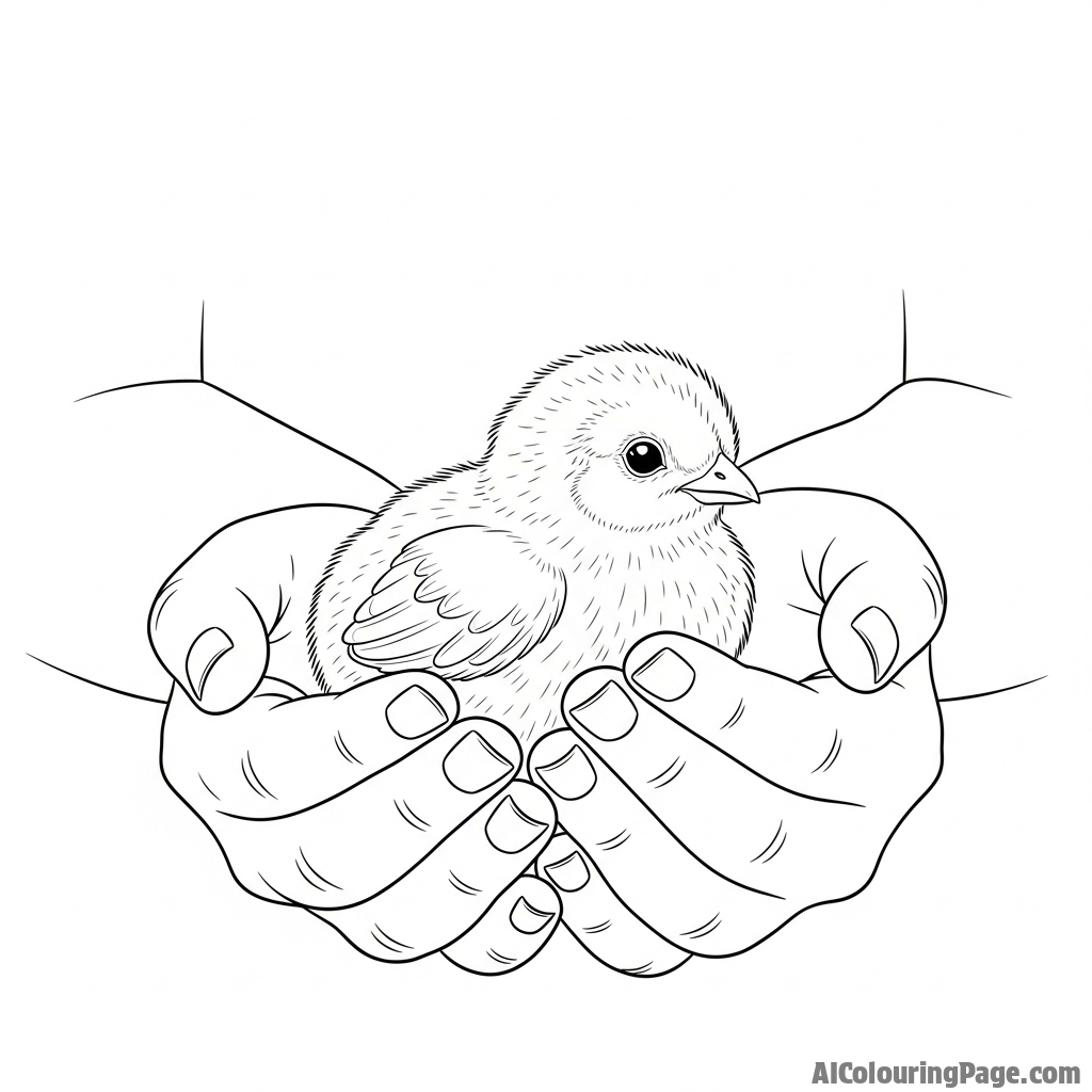 A child gently holding a small, fluffy chick in their cupped hands.
