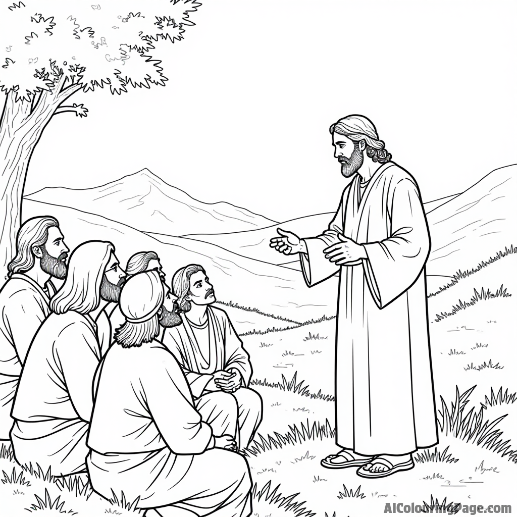 Jesus teaching the Beatitudes, a serene hillside, attentive audience listening closely