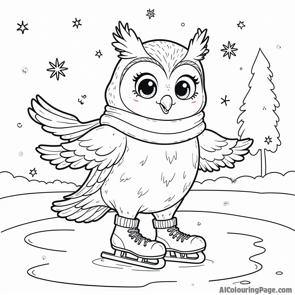 A friendly owl ice skating on a frozen pond, wearing a scarf and surrounded by snowflakes, creating a magical winter atmosphere for kids to color and express their creativity in winter sports.