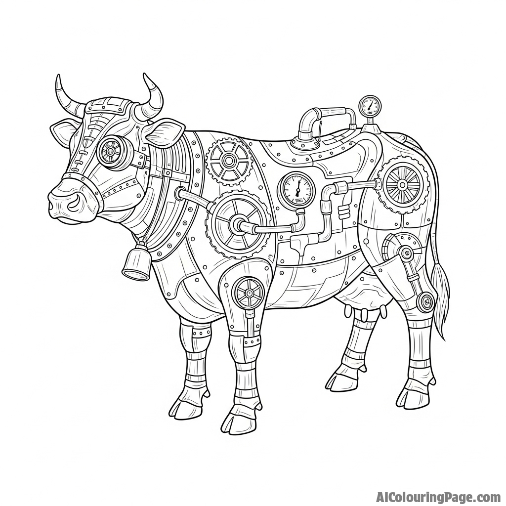 A steampunk cow with intricate brass gears, copper piping, and pressure gauges.