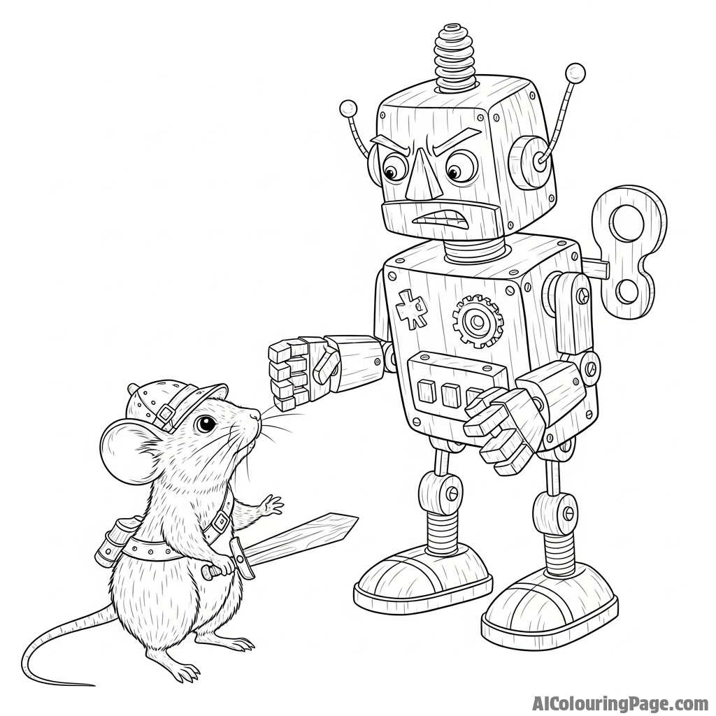 A brave mouse confronting a mechanical, wind-up toy much larger than itself.