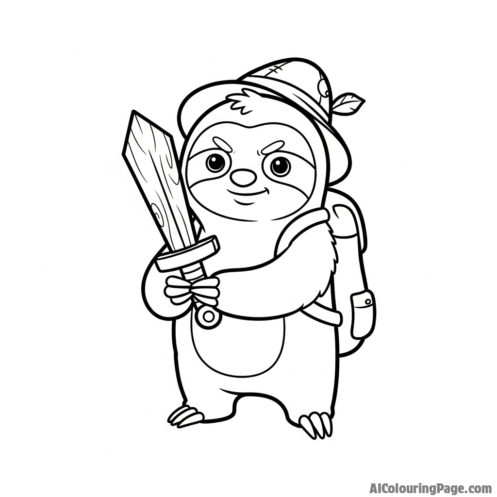 A cartoon sloth on an epic quest, holding a tiny wooden sword.