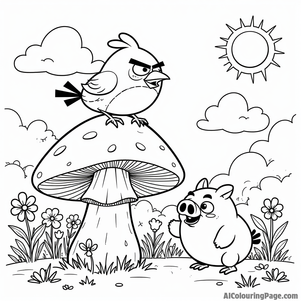 An angry bird perched on a giant mushroom in a whimsical garden filled with flowers and a curious pig nearby