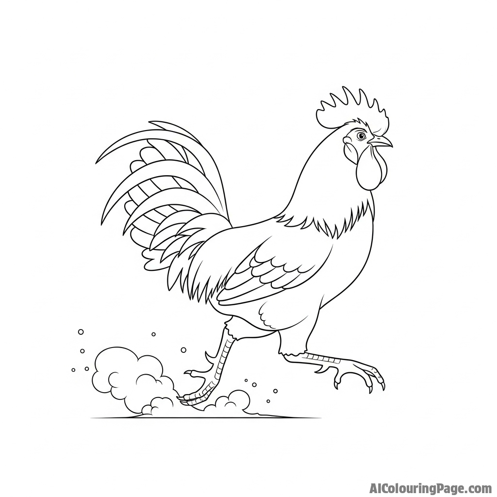 A rooster captured mid-stride, kicking up dust with its powerful legs.