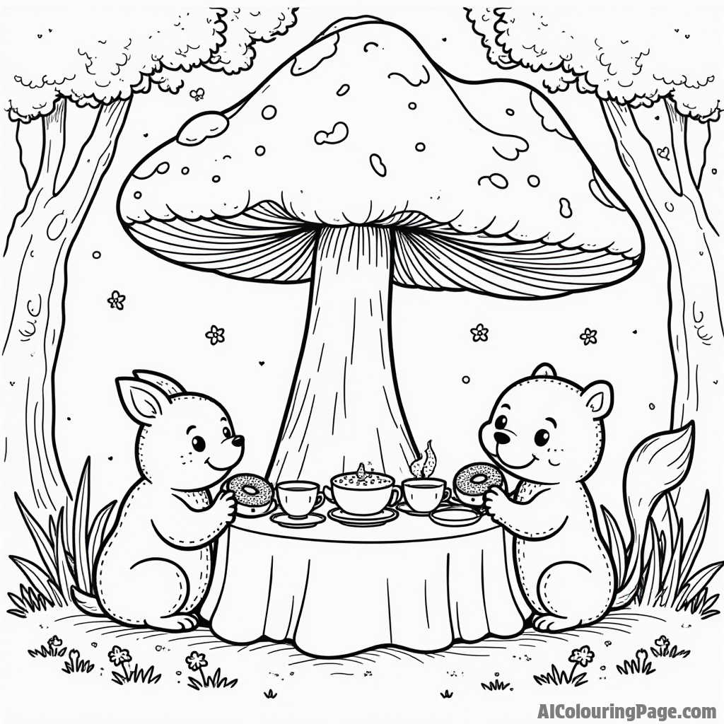 A magical tea party with cartoon animals sipping tea and enjoying donuts under a giant mushroom in a fairy forest.