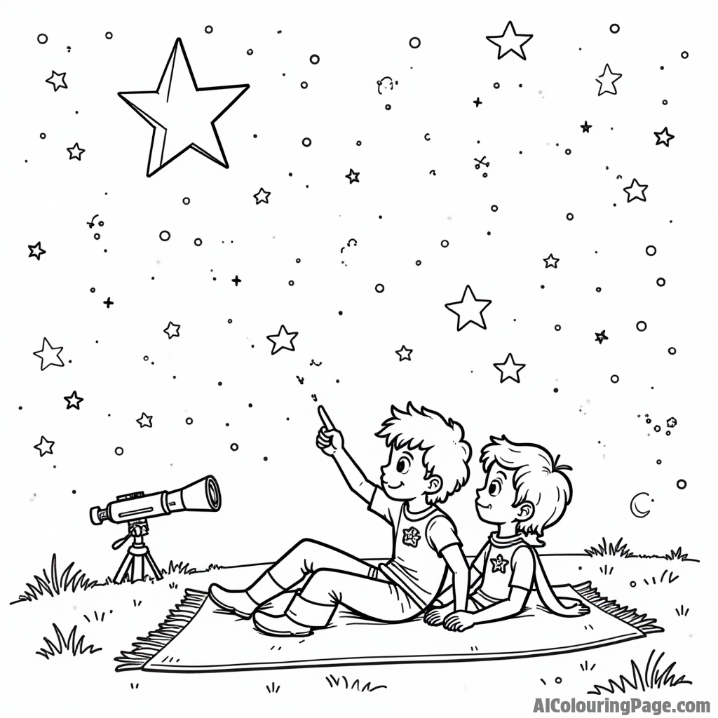 Starfire and Robin stargazing, lying on a blanket, pointing at constellations with a telescope nearby for kids to color.