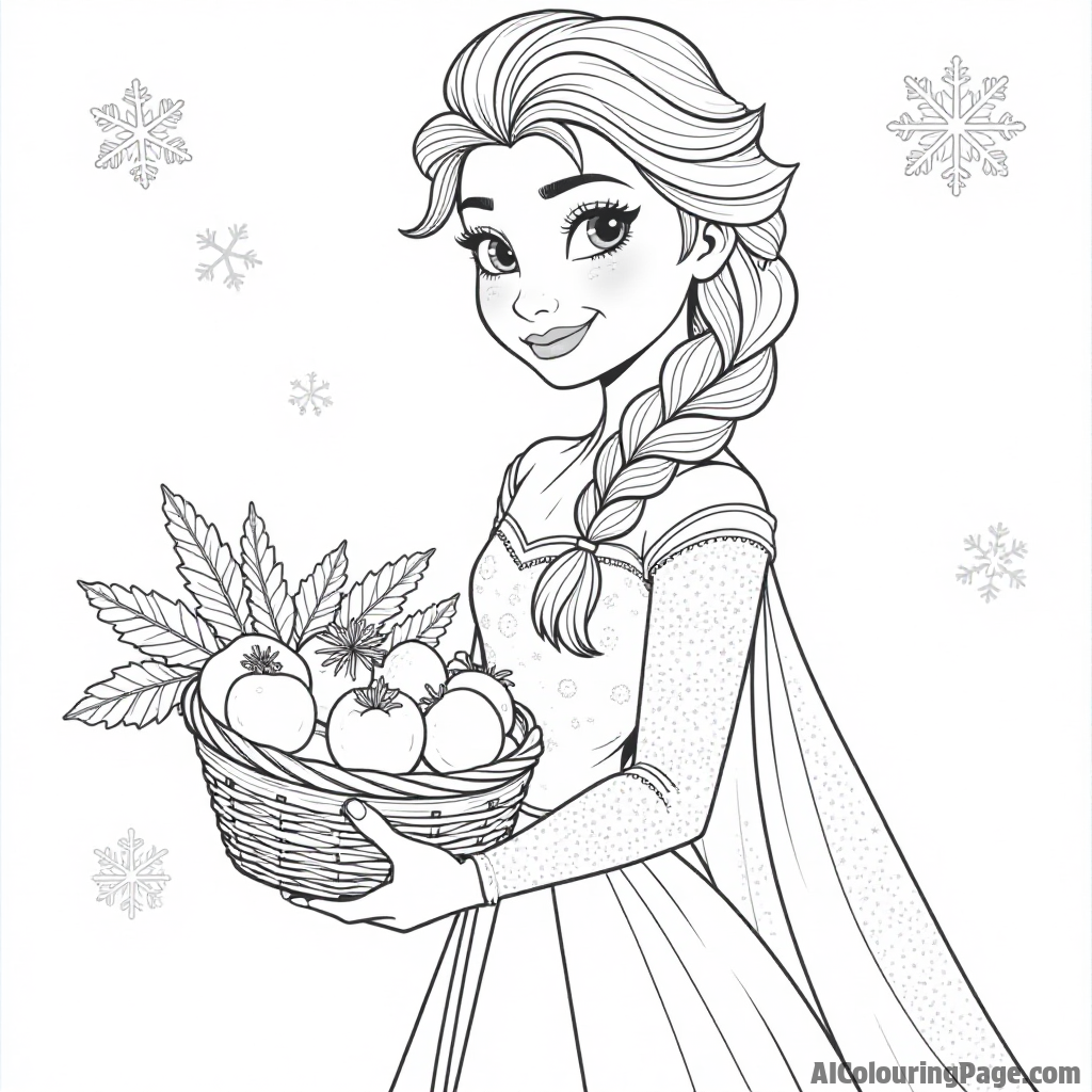 Elsa with a basket of snowflakes and winter fruits