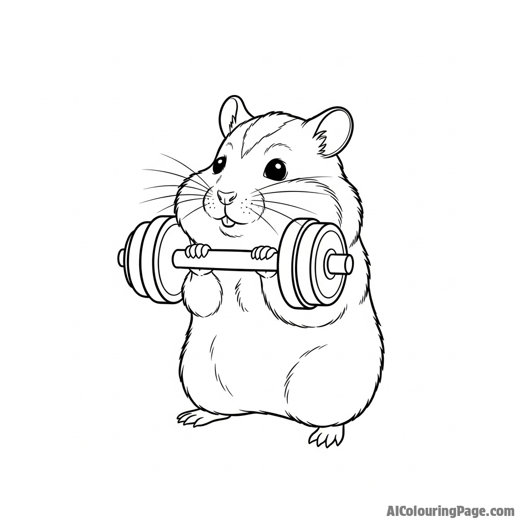 A hamster attempting to lift a miniature dumbbell