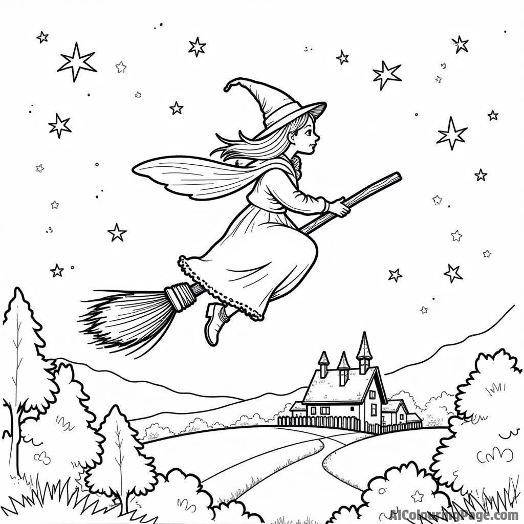 A magical broomstick flying through the night sky with twinkling stars and a tiny village far below.