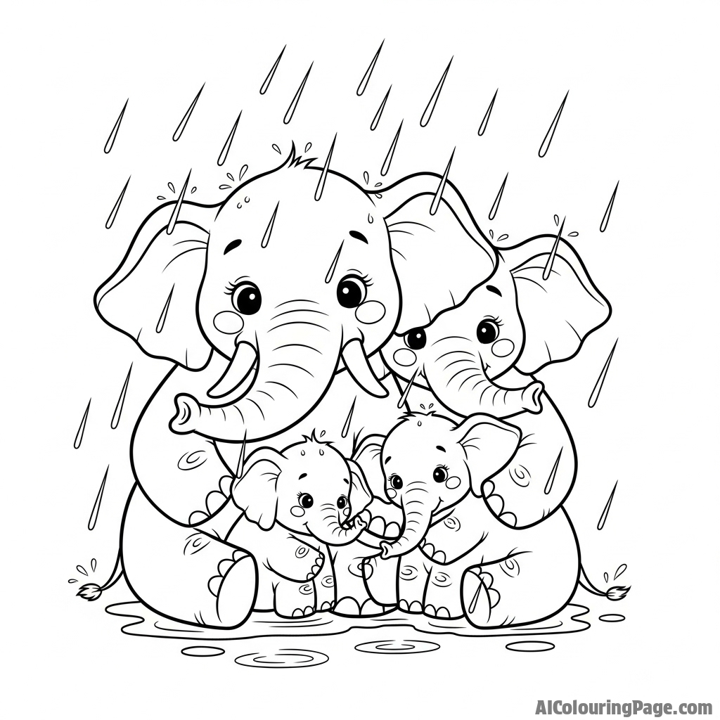 A family of elephants huddled together for warmth during a downpour.