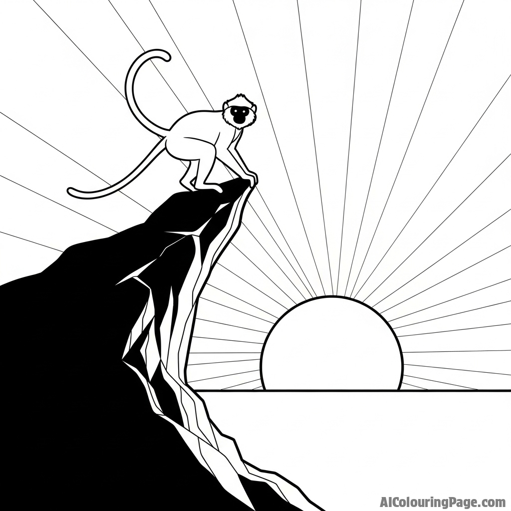 The silhouette of a langur monkey at sunset on a high, rocky cliff.
