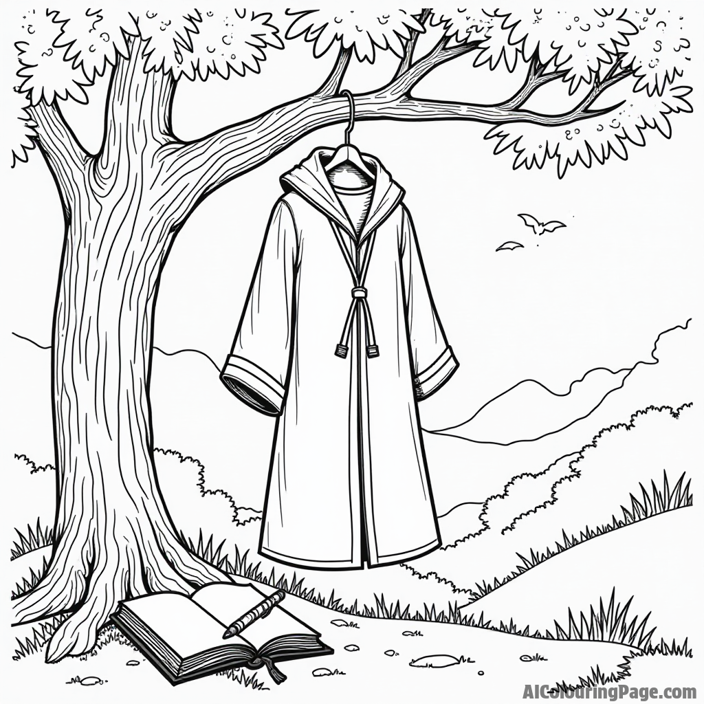 A wizard's robe hanging on a tree branch with a wand and spellbook resting underneath in a magical forest.