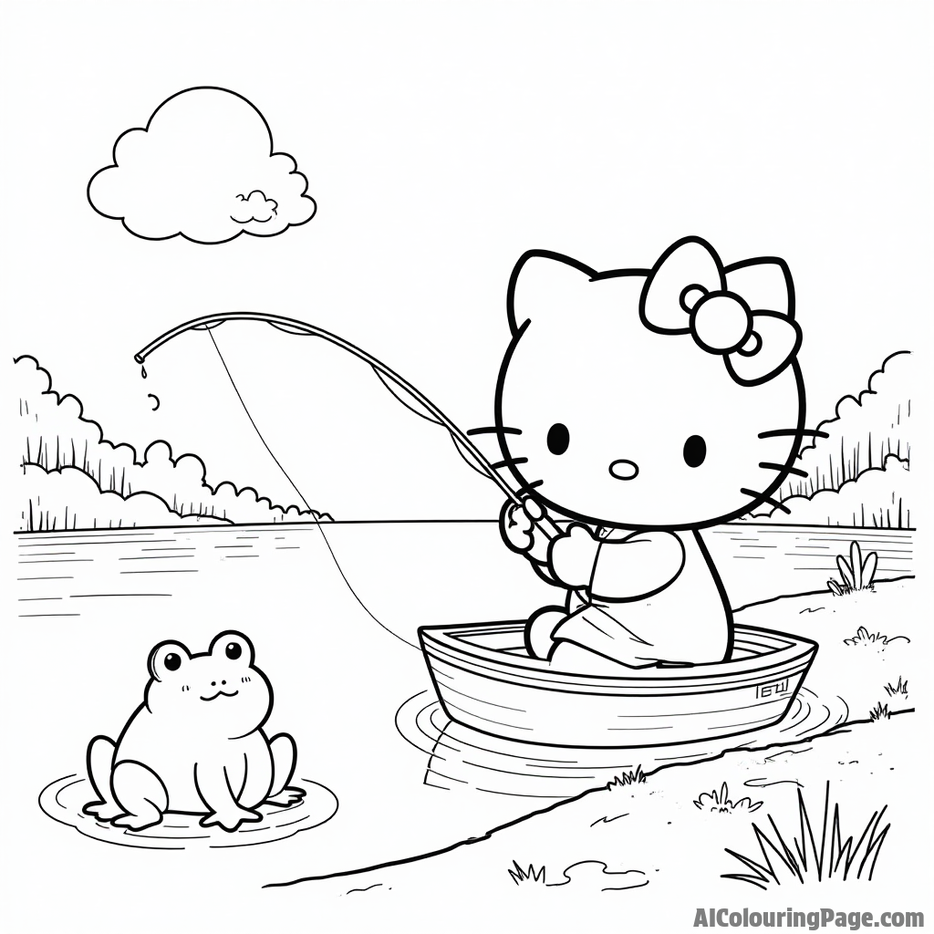 Hello Kitty fishing by a peaceful lake with a fishing rod, a boat, and a friendly frog nearby