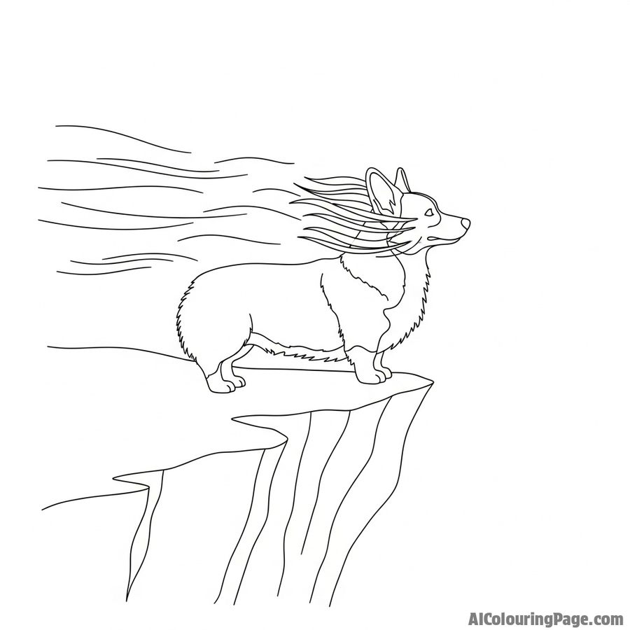 A corgi standing on a windy cliff, its ears and fur blowing in the breeze.