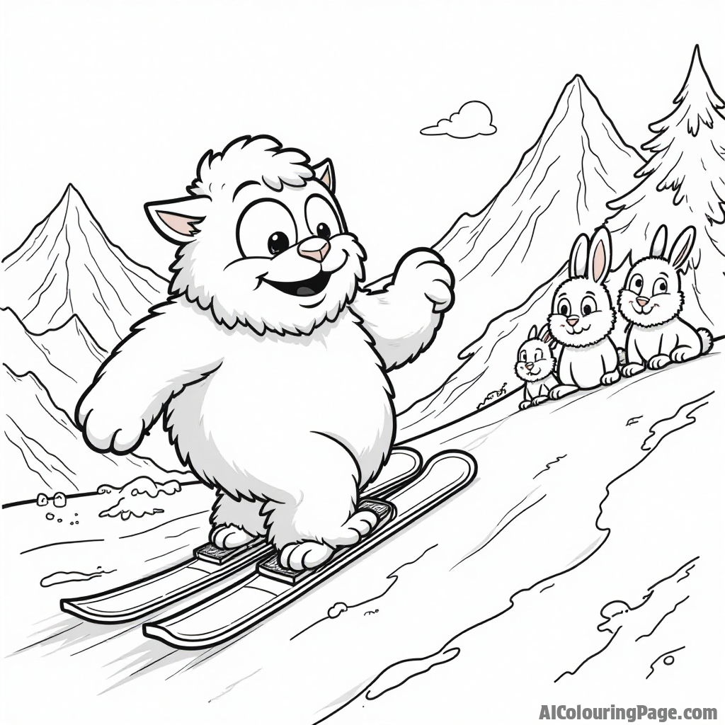 A cute cartoon yeti skiing down a mountain with a big grin, while a group of adventurous rabbits watches from a snowy hilltop, perfect for a whimsical coloring page.