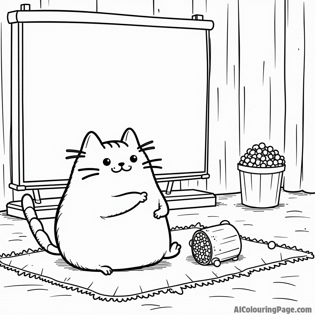 Pusheen enjoying a movie night with popcorn, a cozy blanket, and a big screen showing a fun animated film