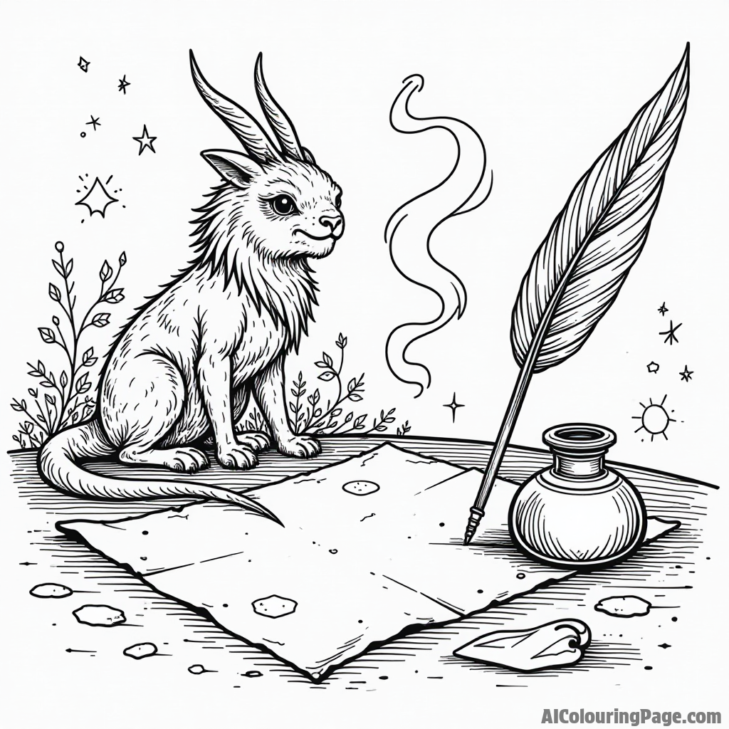 A magical quill and inkpot on a desk next to parchment covered in spells and drawings of mythical creatures.