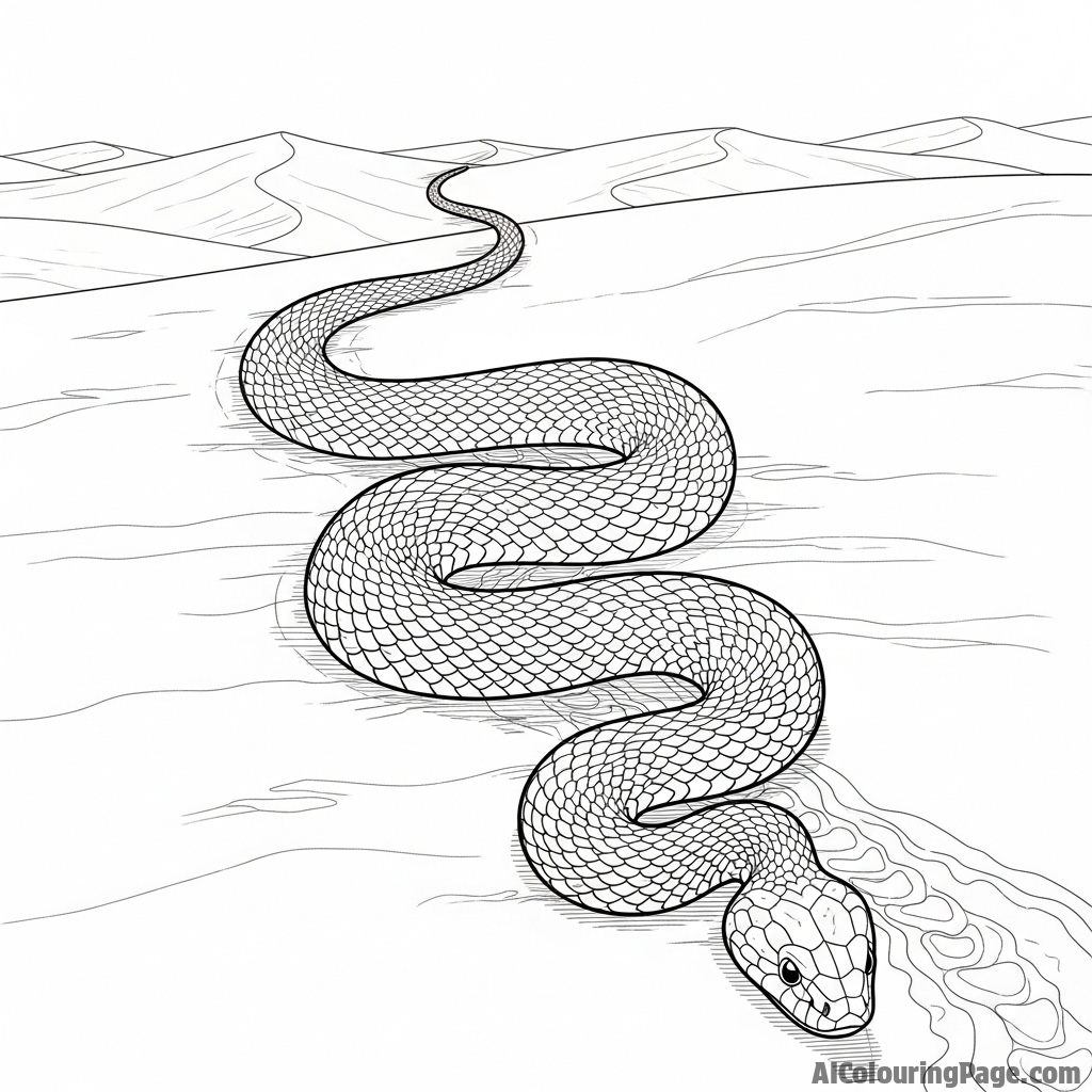 A snake slithering across sun-drenched desert sand, leaving a single winding track.
