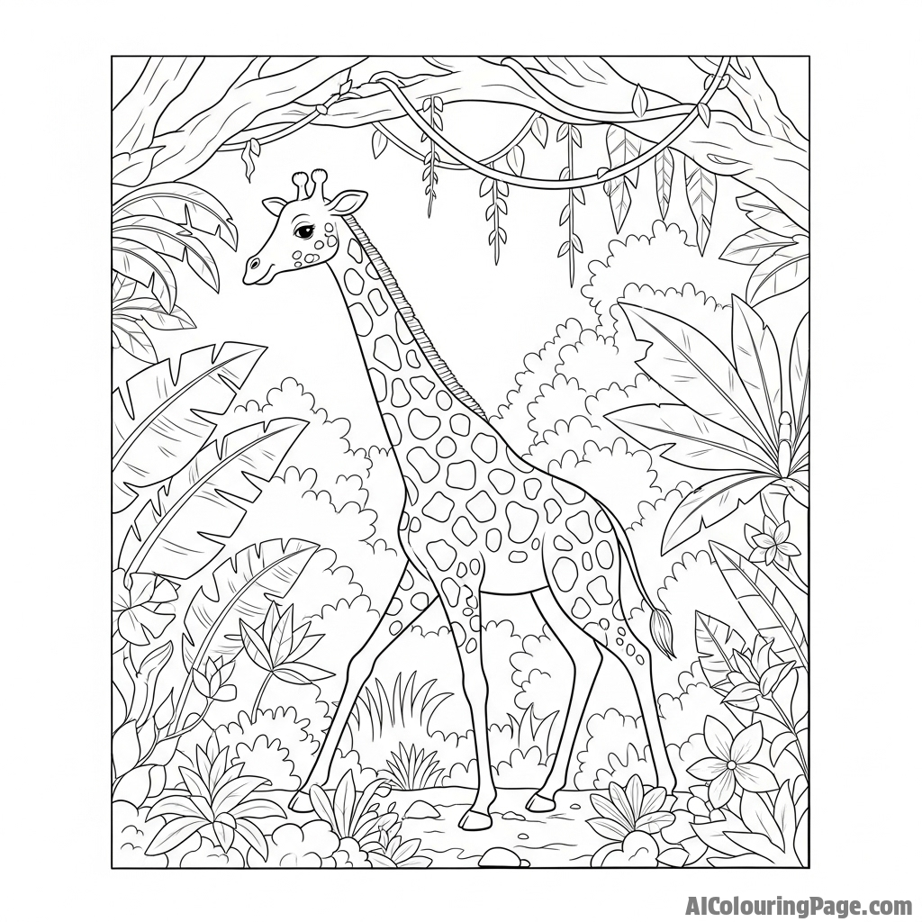 A giraffe navigating through a dense, lush jungle, an unusual environment.