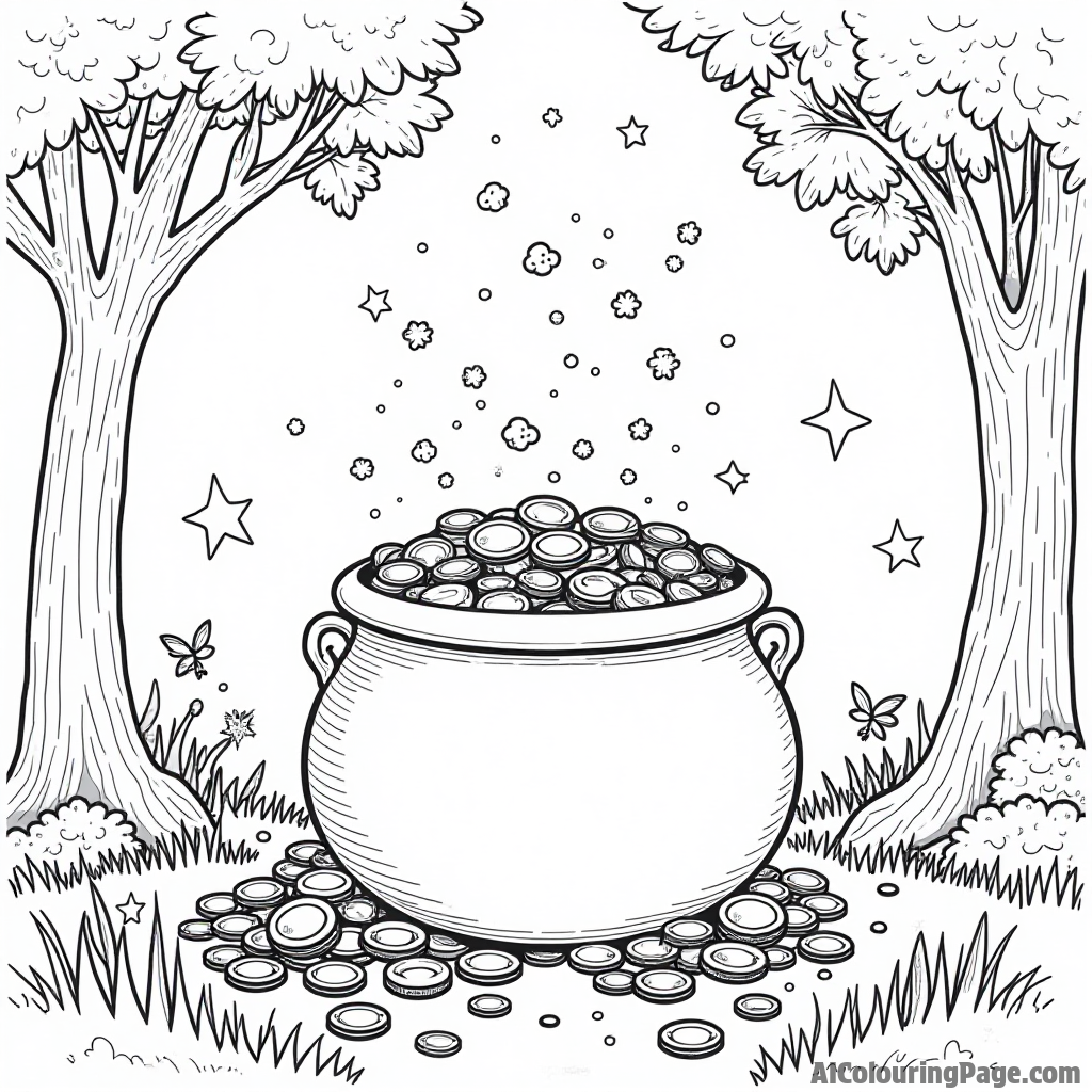 A giant pot overflowing with gold coins surrounded by dancing fairies and twinkling stars in a magical forest.