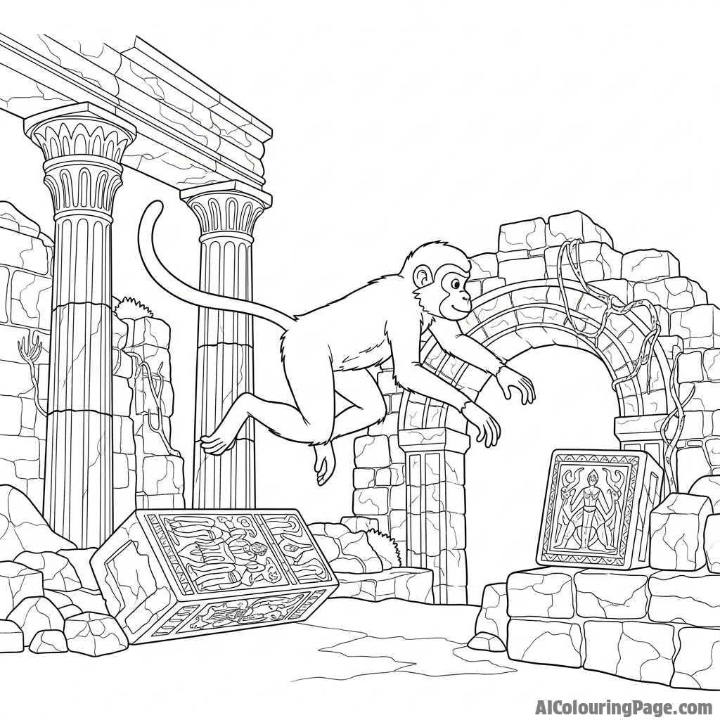 An action sequence of a monkey leaping between ancient temple ruins.