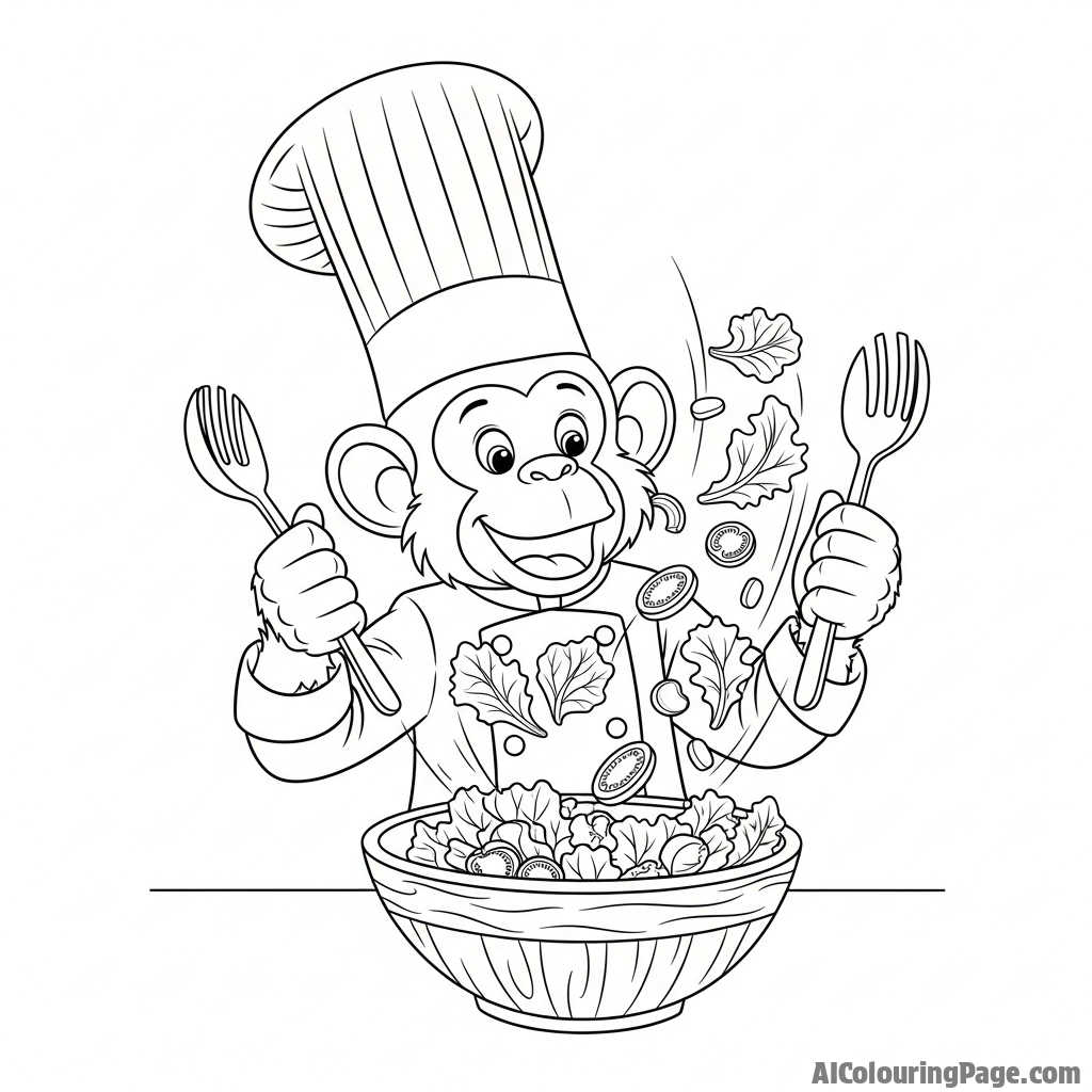 A monkey as a chef, wearing a toque and enthusiastically tossing a salad.