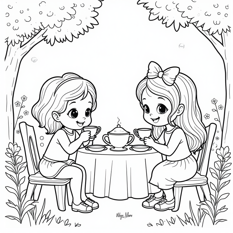 Rainbow Friends having a tea party in a garden