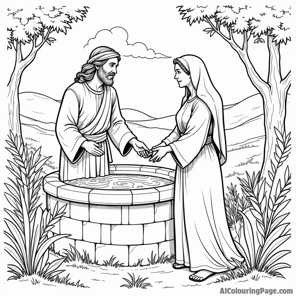 Jesus at the well with a Samaritan woman, flowing water, vibrant plants surrounding them