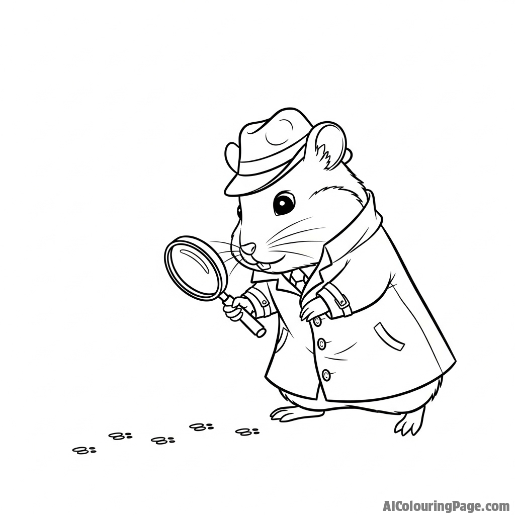 A hamster detective in a trench coat, examining tiny footprints with a magnifying glass